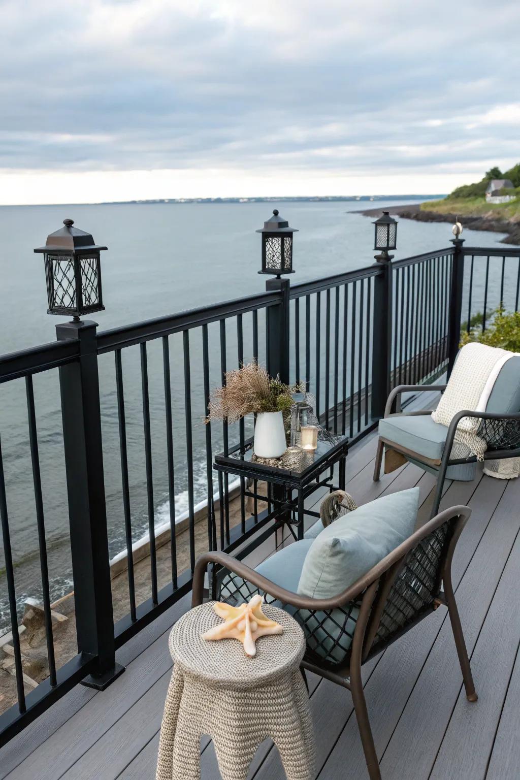 Black railings paired with nautical decor create a sophisticated seaside vibe.