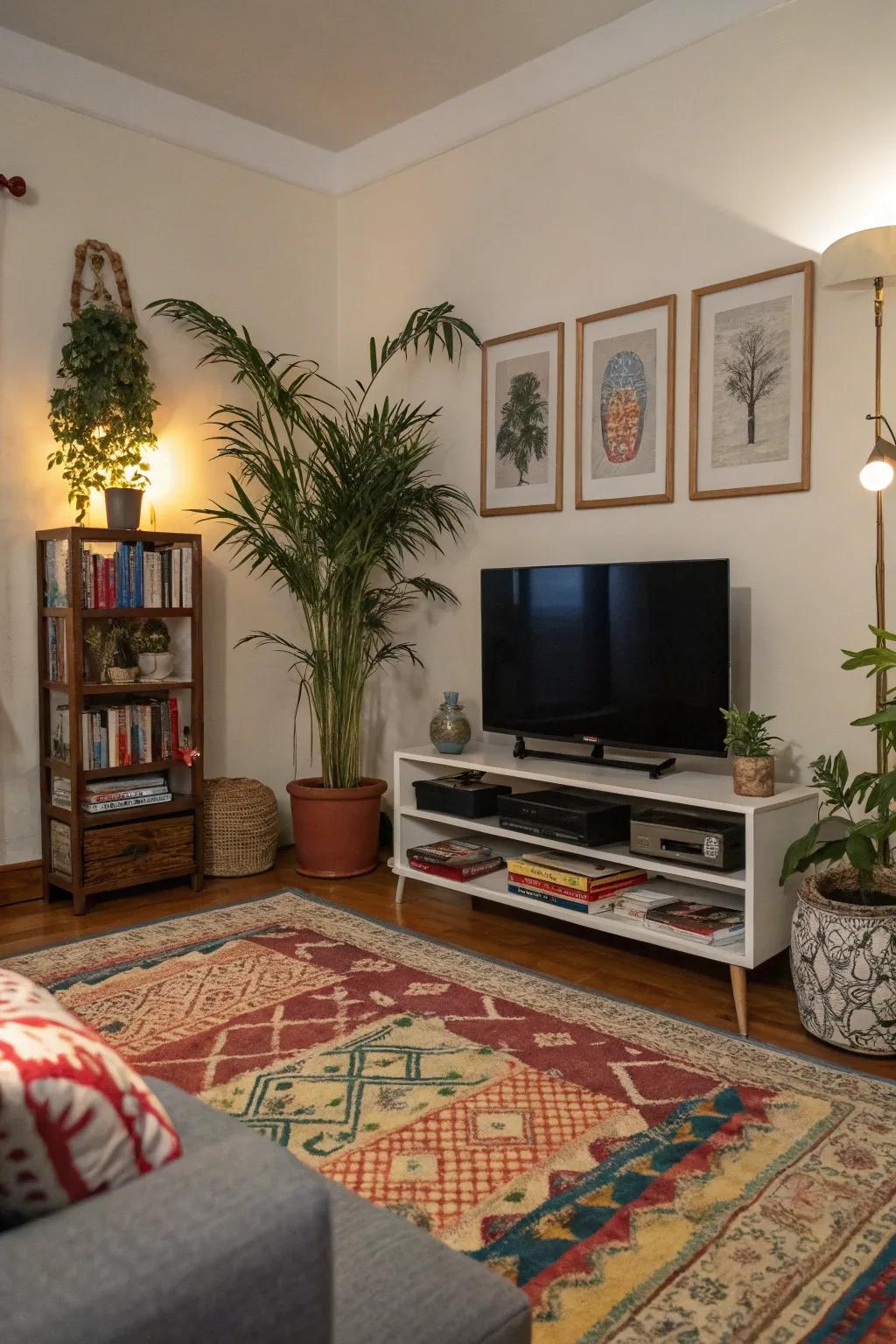 A dynamic decor style adds appealing visual elements around the TV.