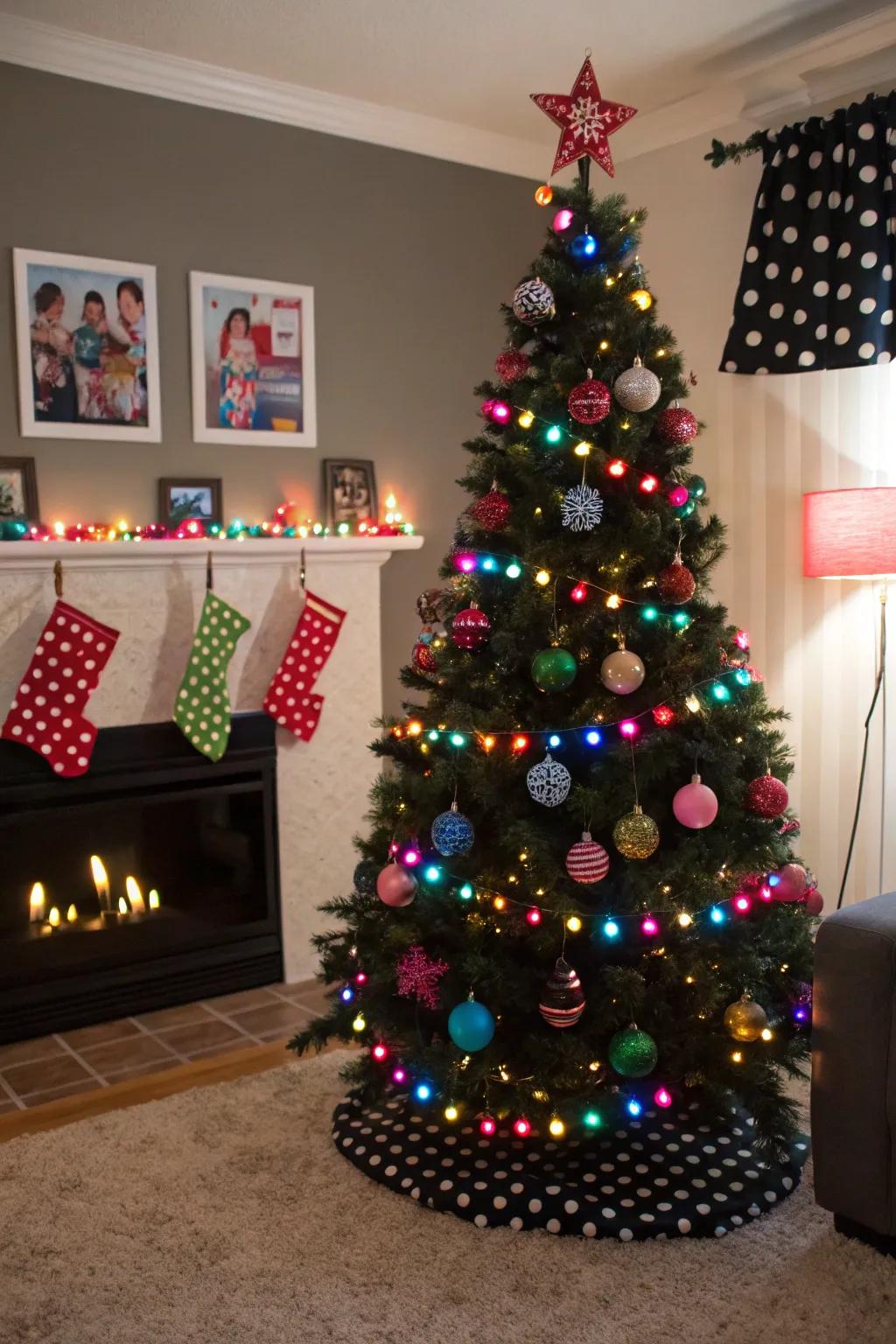 A dark fir with playful patterned decorations.
