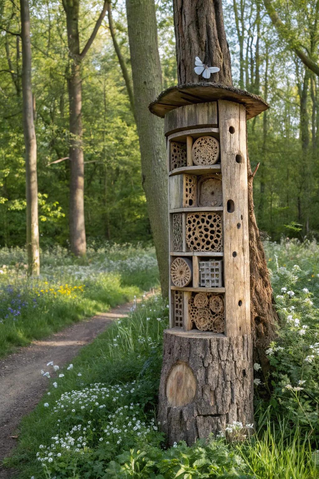 Provide insects a safe place to flourish with a stump hotel.