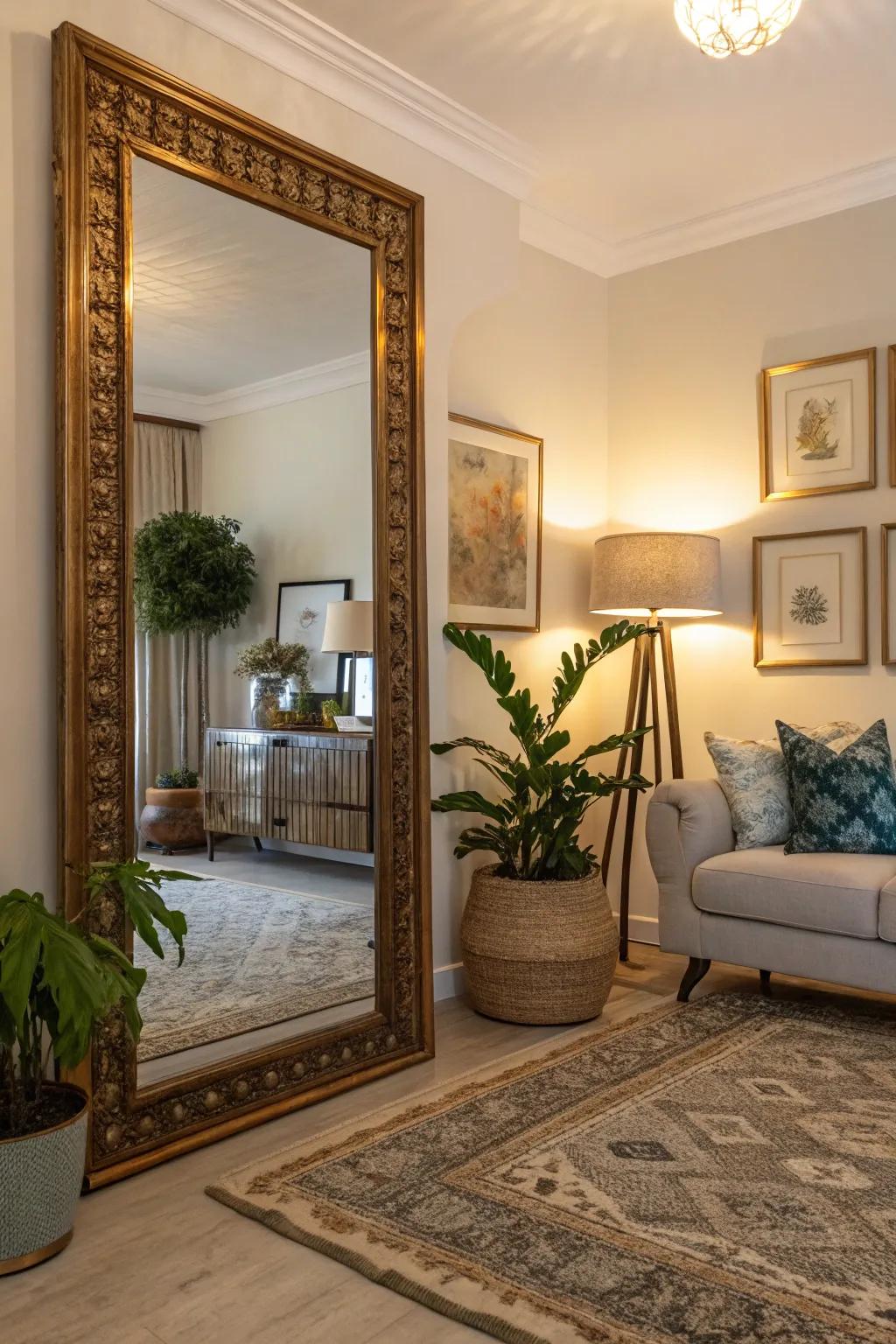 Mirrors placed in corners enhance light and create a cozy atmosphere.