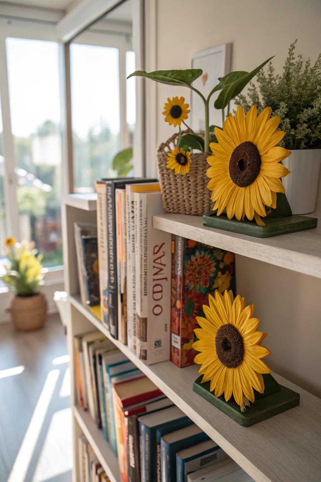 Sunflower bookends provide both functionality and charm.