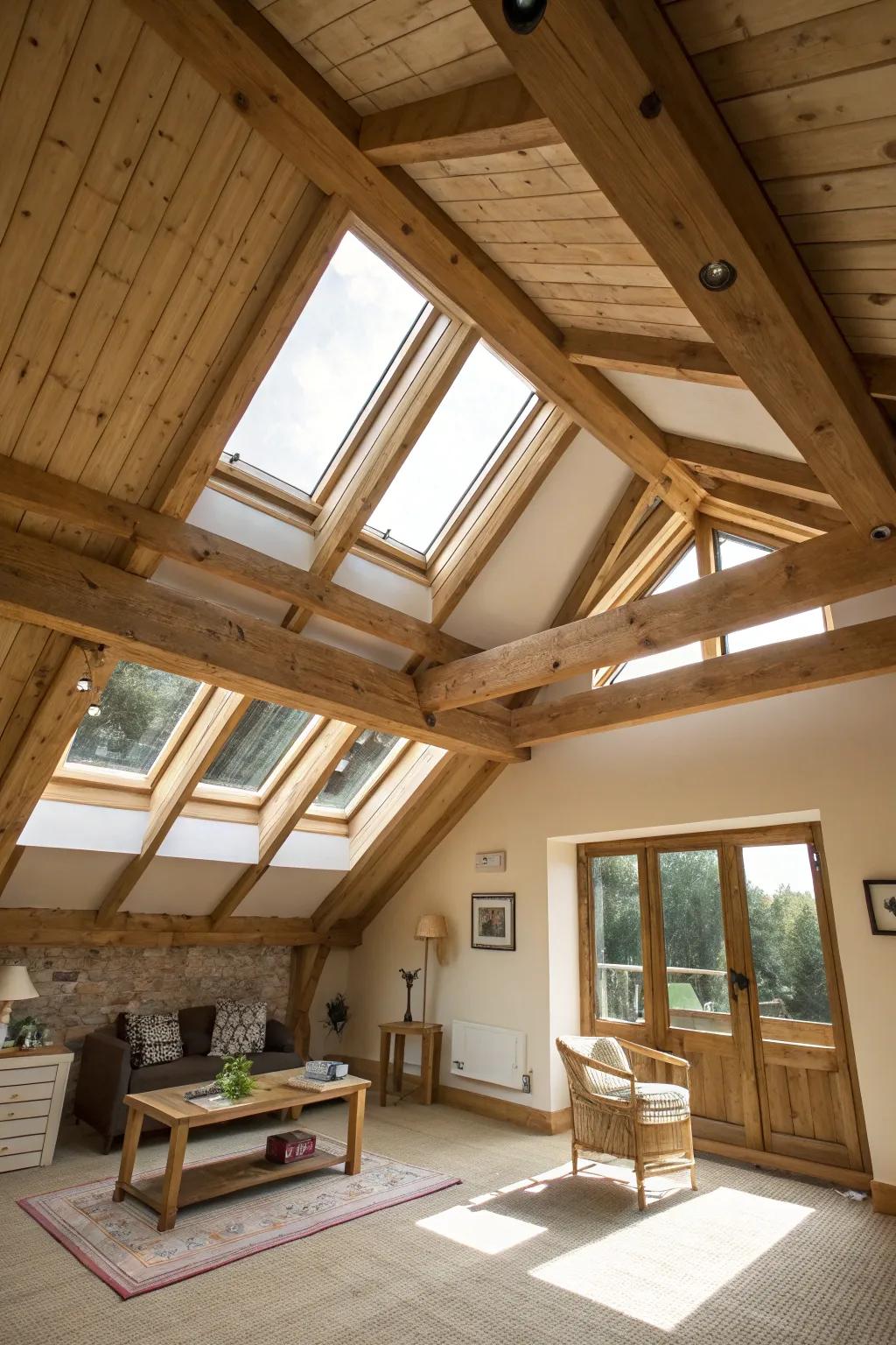 Beams and skylights work well together to enhance natural light.