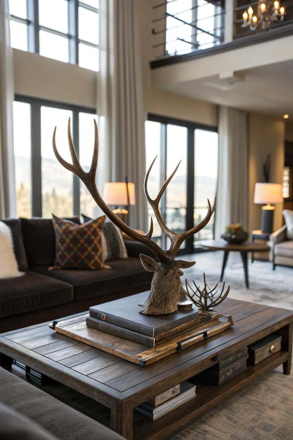 Deer antlers displayed on a coffee table infuse visual intrigue into a chic living area setting.