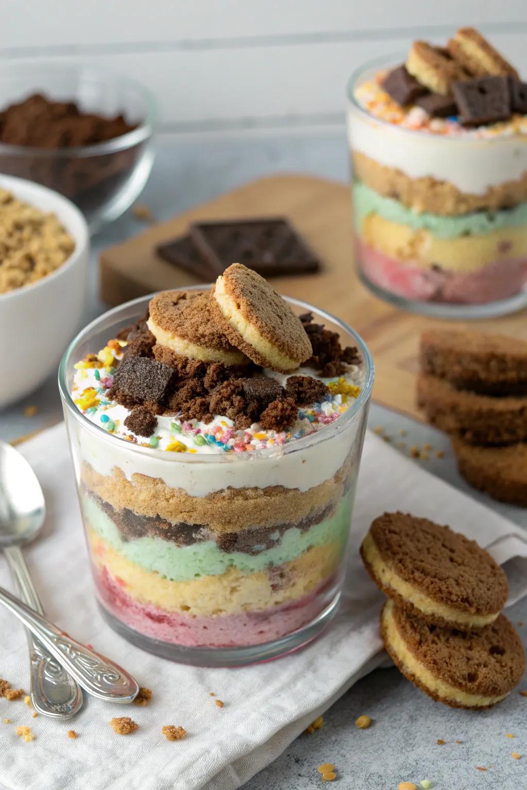Consumable terrarium treats featuring strata of baked delight, pudding, and crumbled cookies.