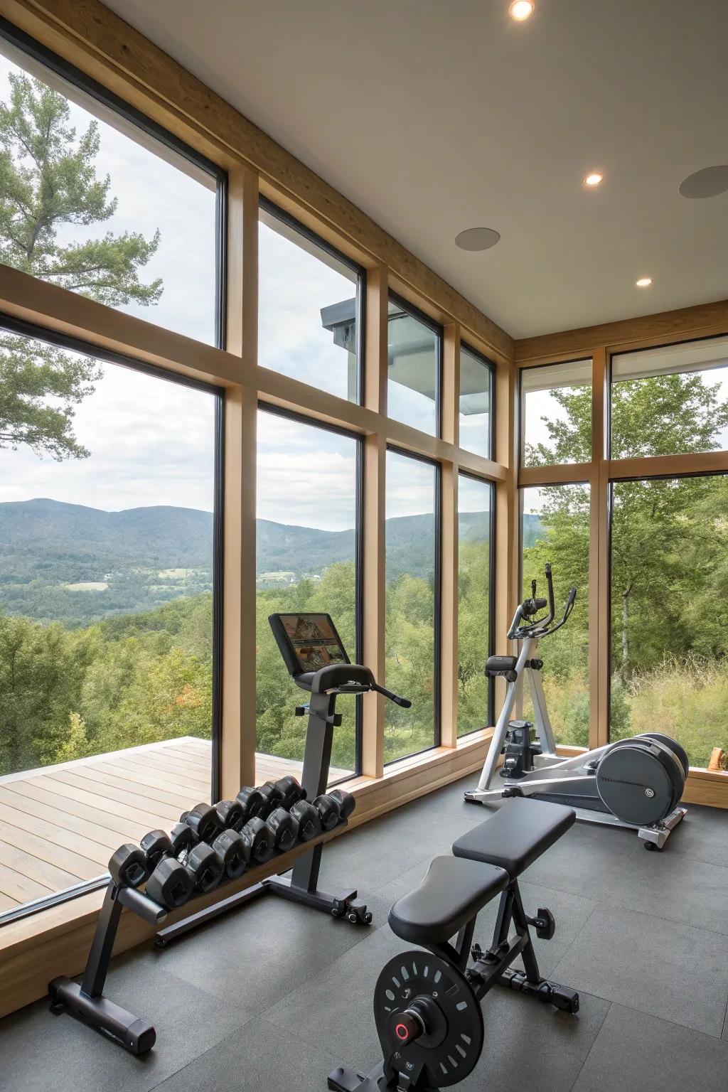 A home gym featuring breathtaking outdoor views, creating an inspiring workout setting.