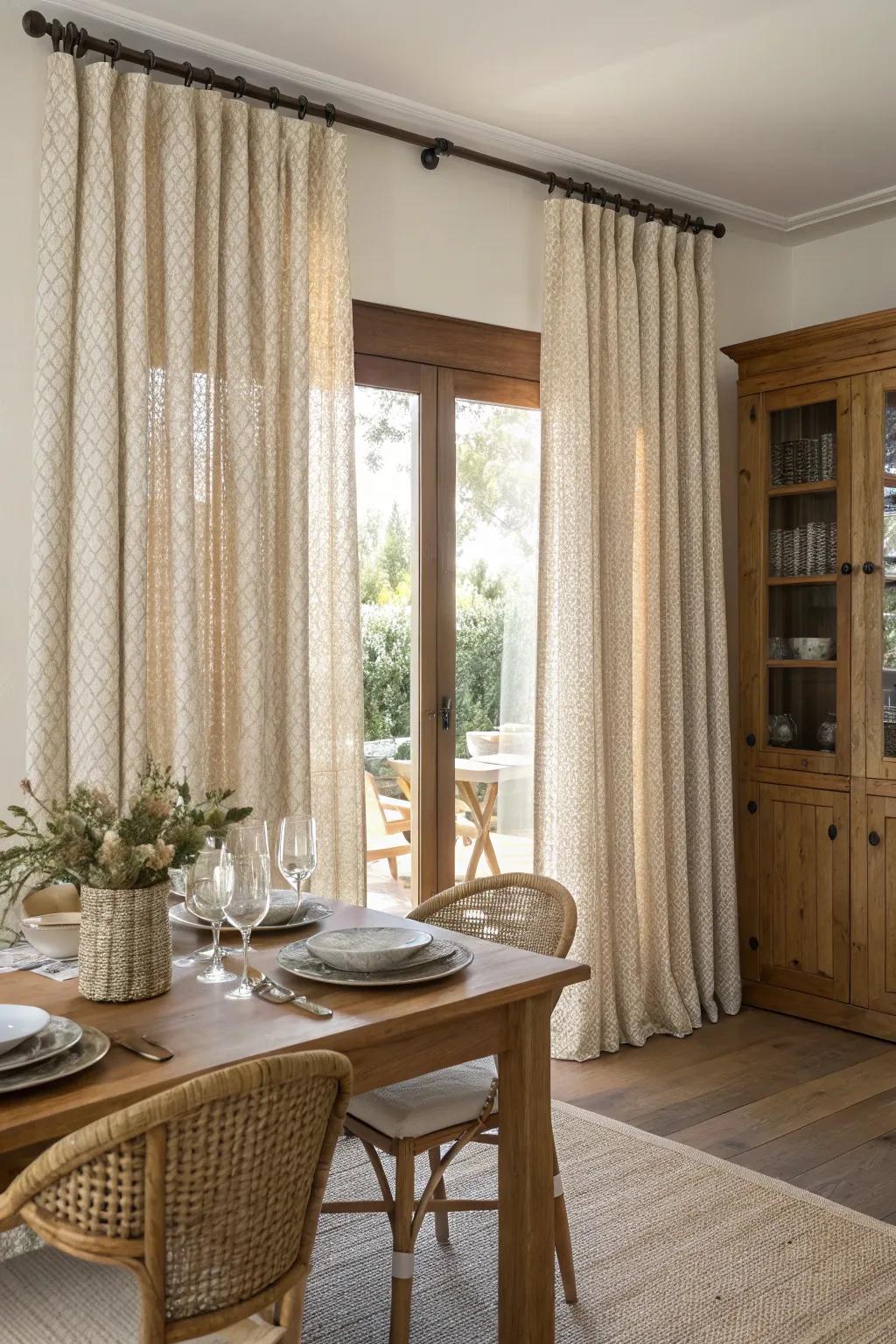 Woven texture window dressings for a natural dining room ambiance.
