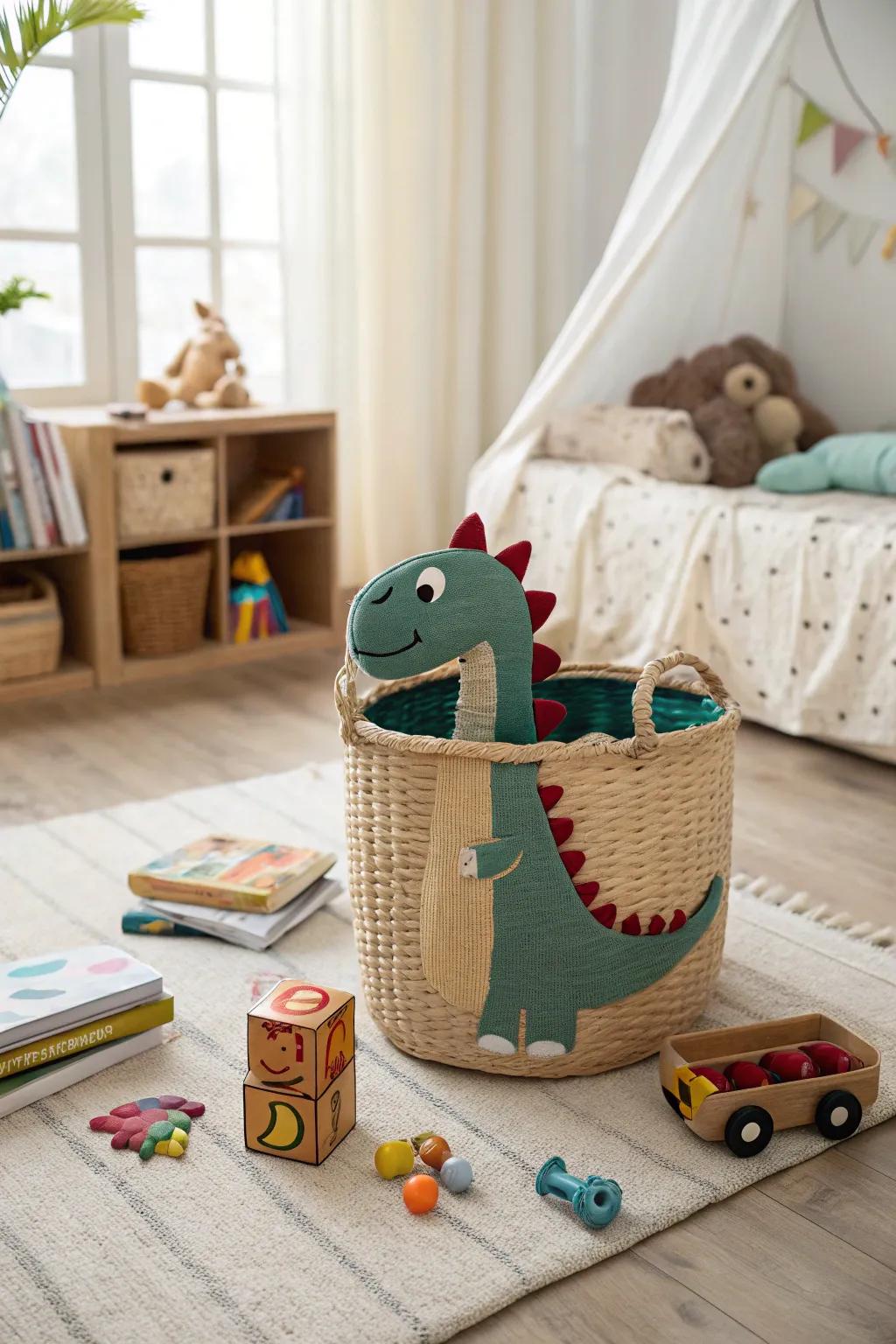 A woven dinosaur basket blending storage with playful design.