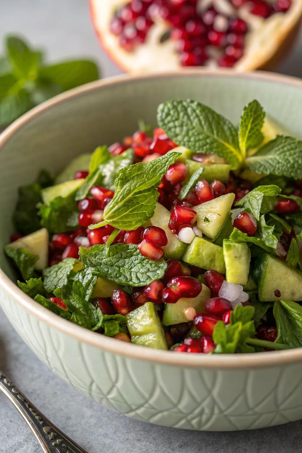 Mint and fruit salad, adding colour and freshness to the Diwali meal.