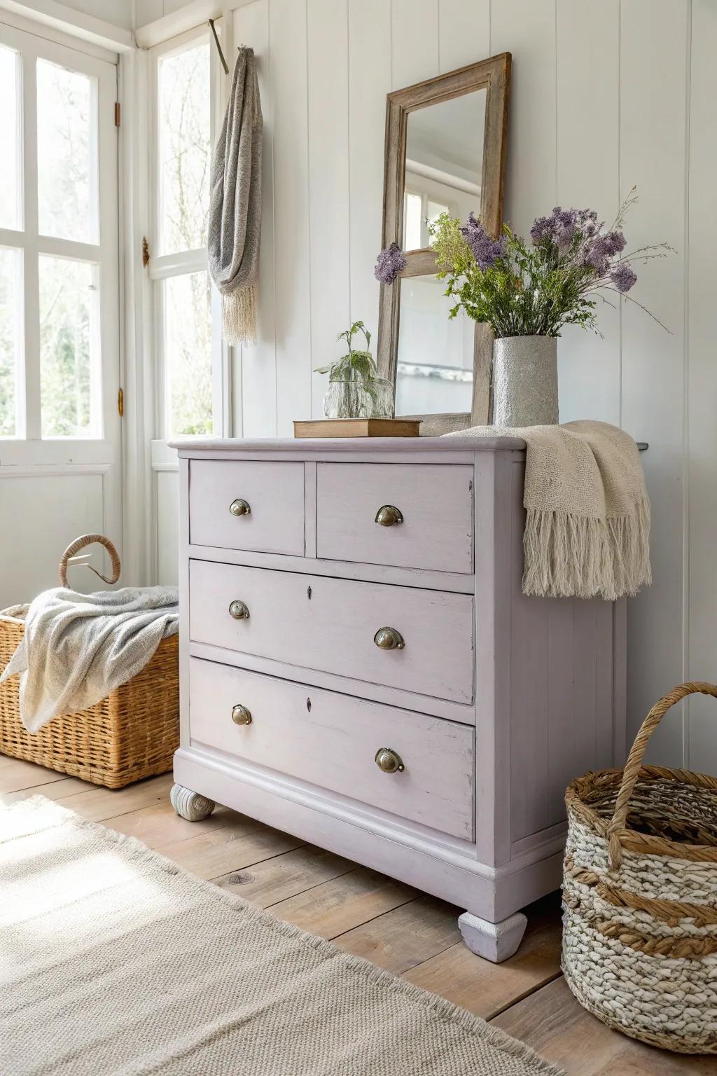 Change your space with the calming charm of a lavender chalk-coated dresser.