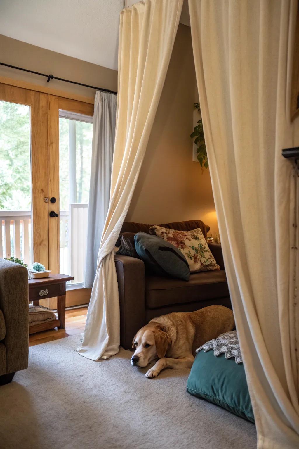 A concealed canine nook with drapes offers a private and exclusive retreat in the lounge.