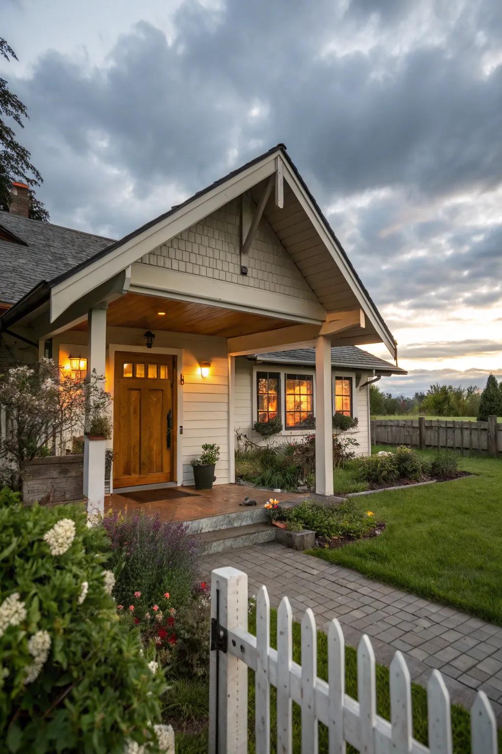 A cabin-style roof shelter on a quaint home.
