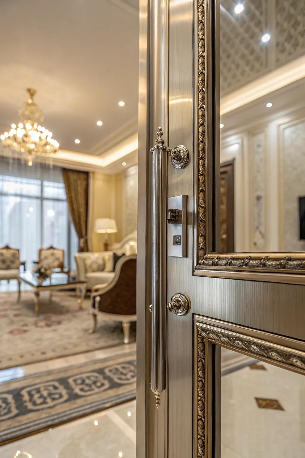 Metallic accents on door trim bring understated luxury to this elegant room.
