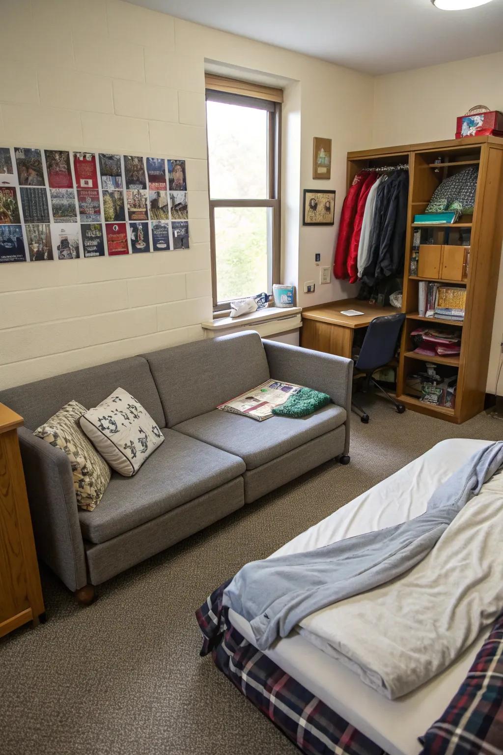 A collapsible sofa offering versatility in this adaptable dorm room setup.