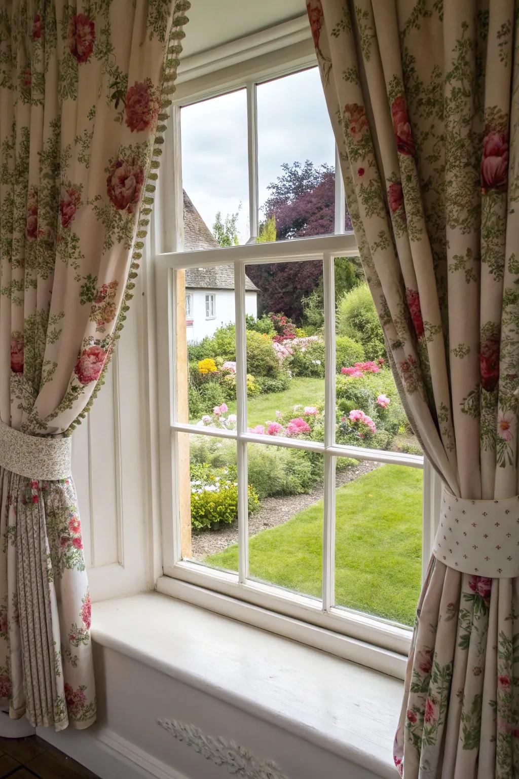 Decorative tiebacks add flair and function to these cottage-style double curtains.