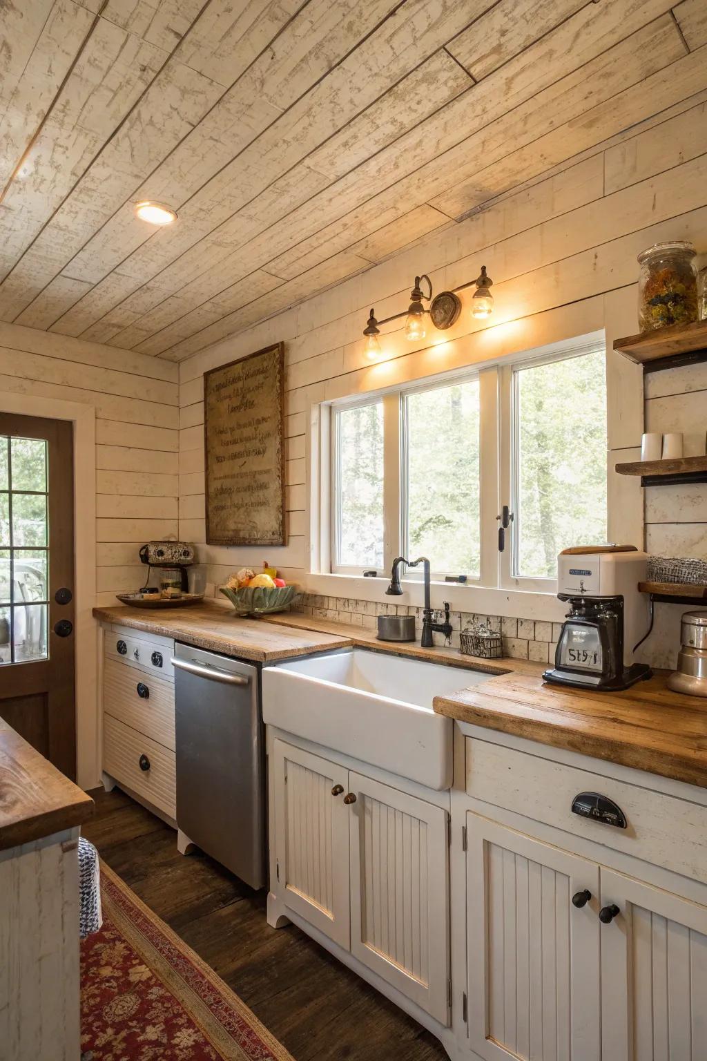 The allure of a farmhouse captured in shiplap ceiling panels.
