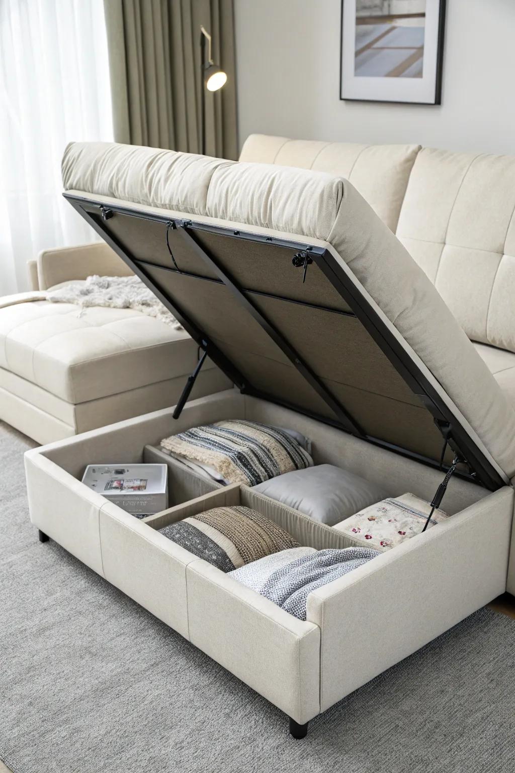 A convertible sofa melds dual functions with ample storage solutions.