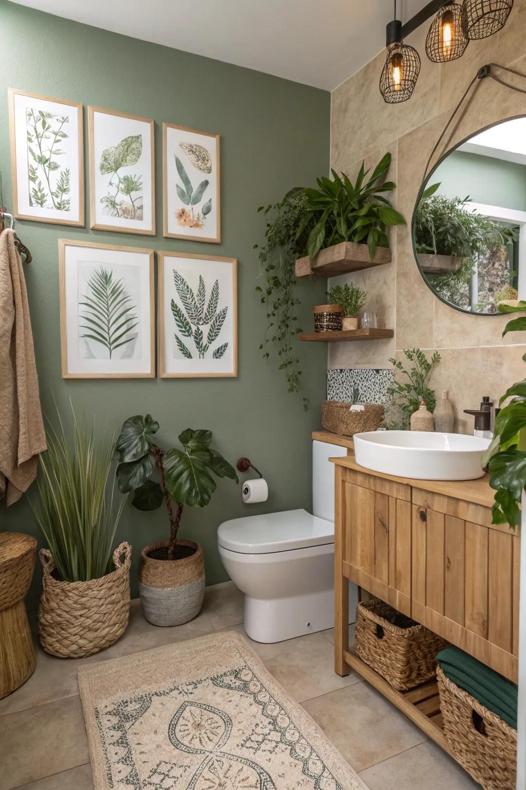 Nature-inspired artwork adds personality and depth to the bathroom.