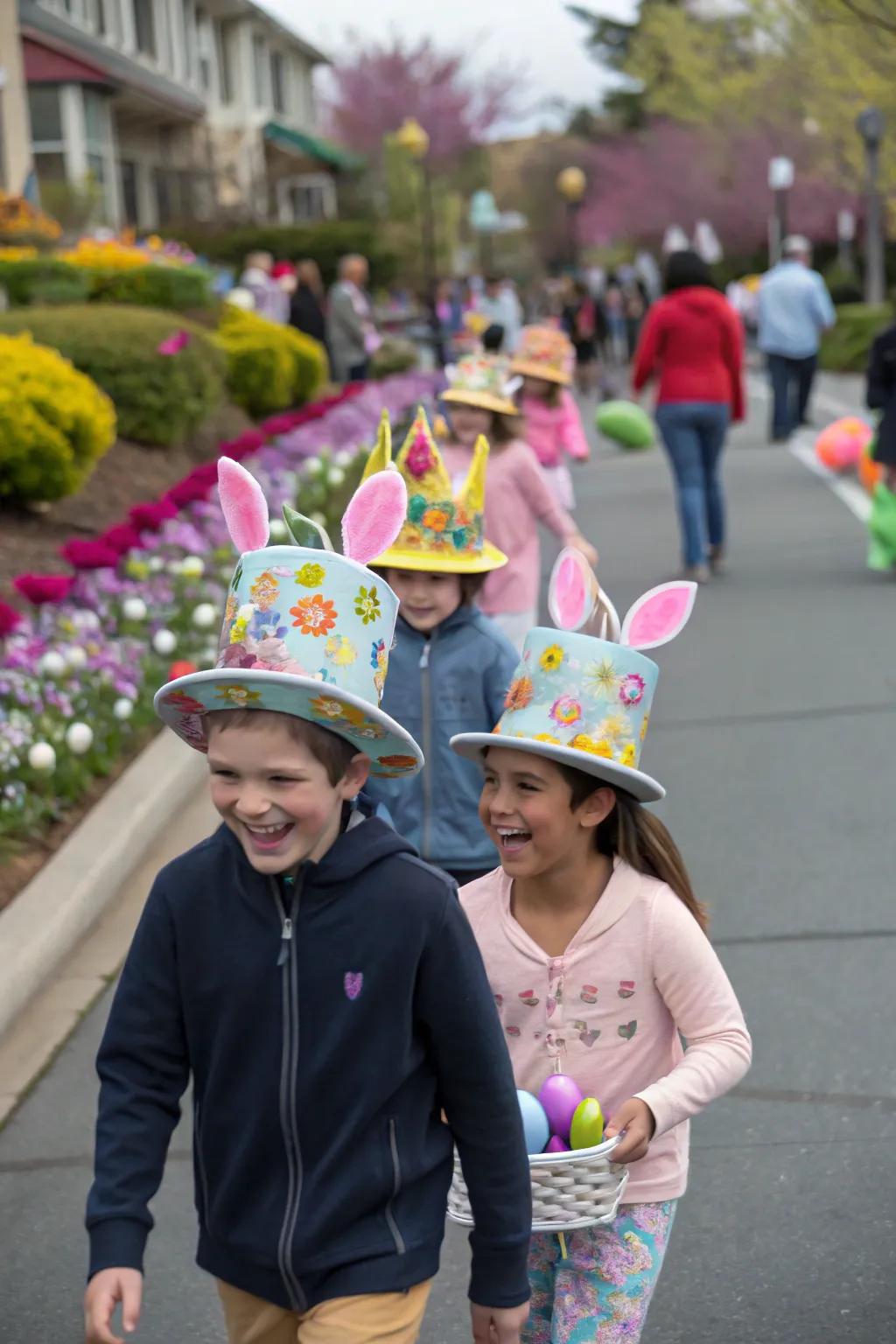 A creative and amusing Easter head covering parade for children.