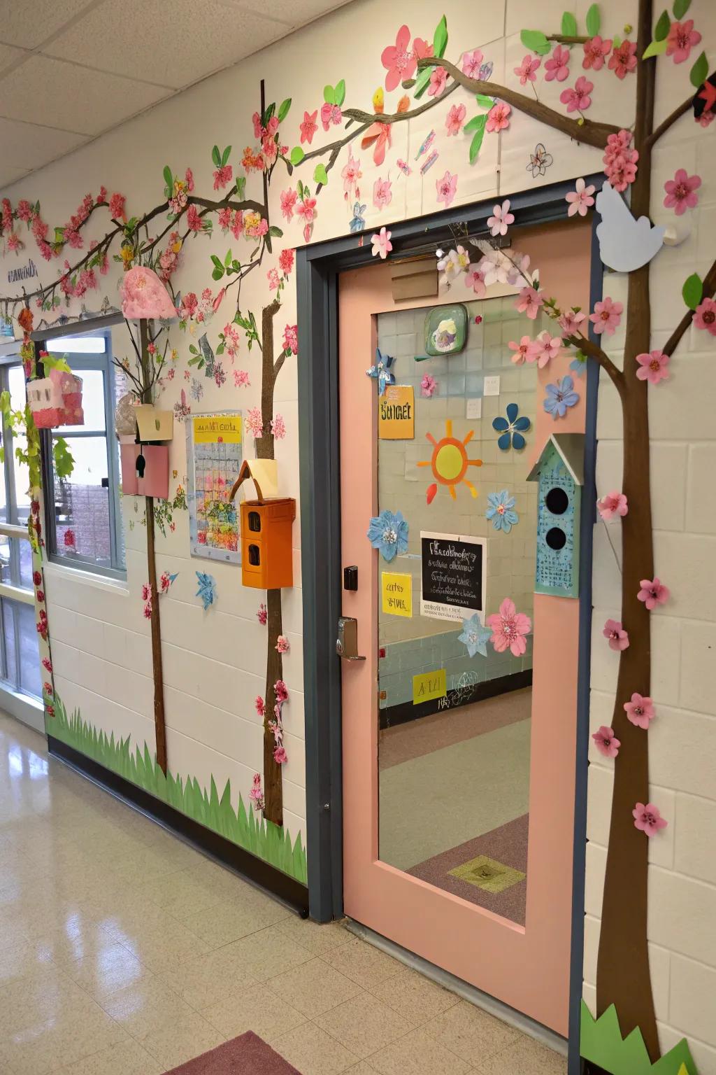 Cottages and blooms bring a lively spring scene to this classroom door.