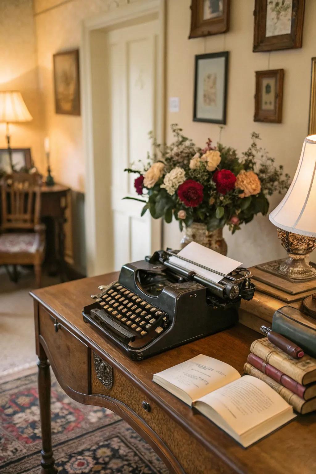A room with an unexpected antique typewriter as a conversation starter.