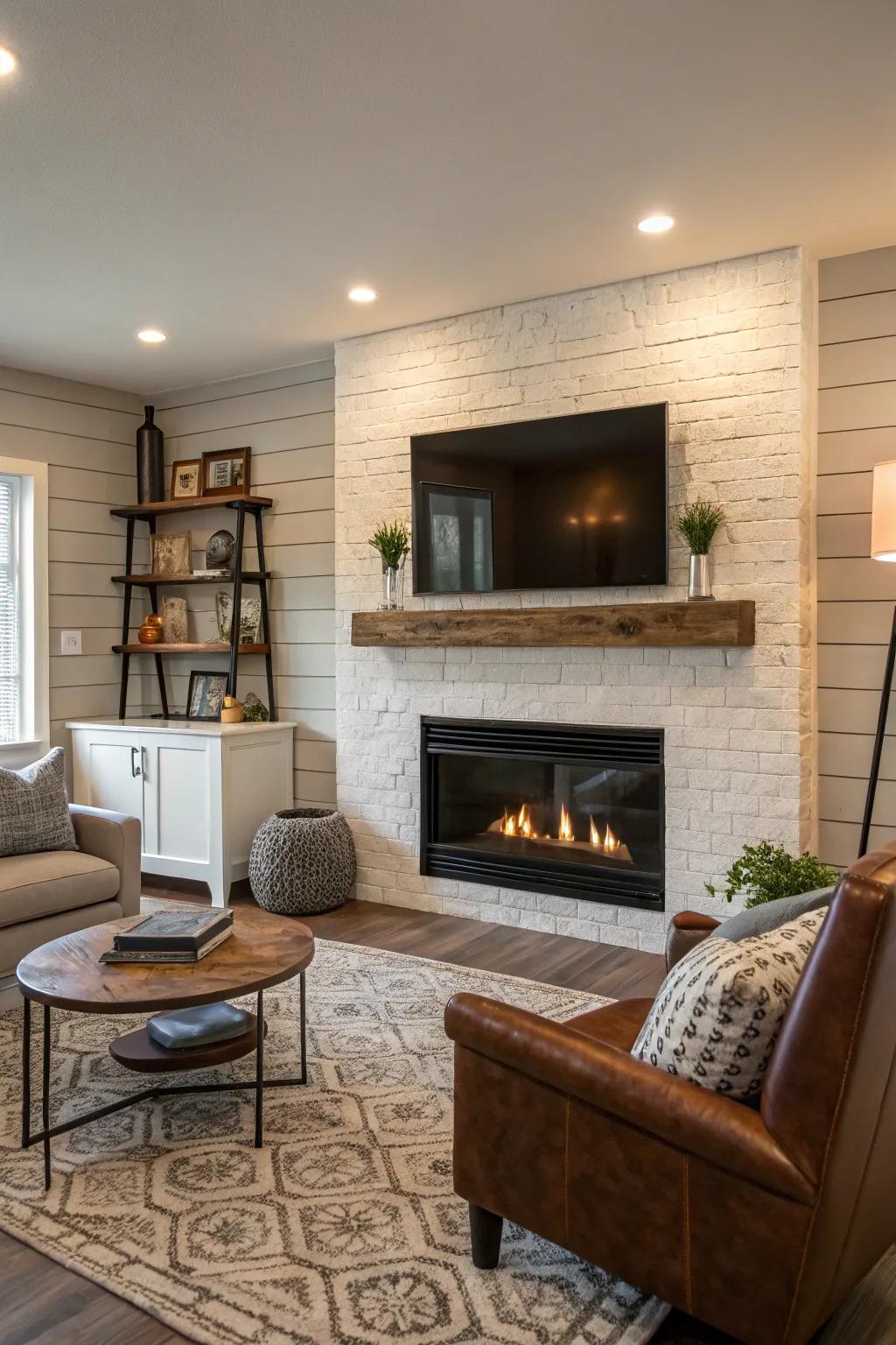 A living area that features a textured shiplap fireplace wall along with modern decorations.