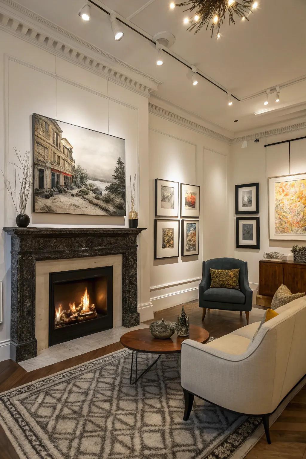 An art space inspired arrangement bordering a modern heater.