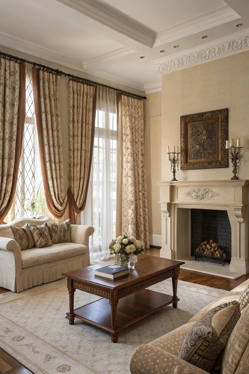 Intermingling mediums inject texture and dimension into curtains.