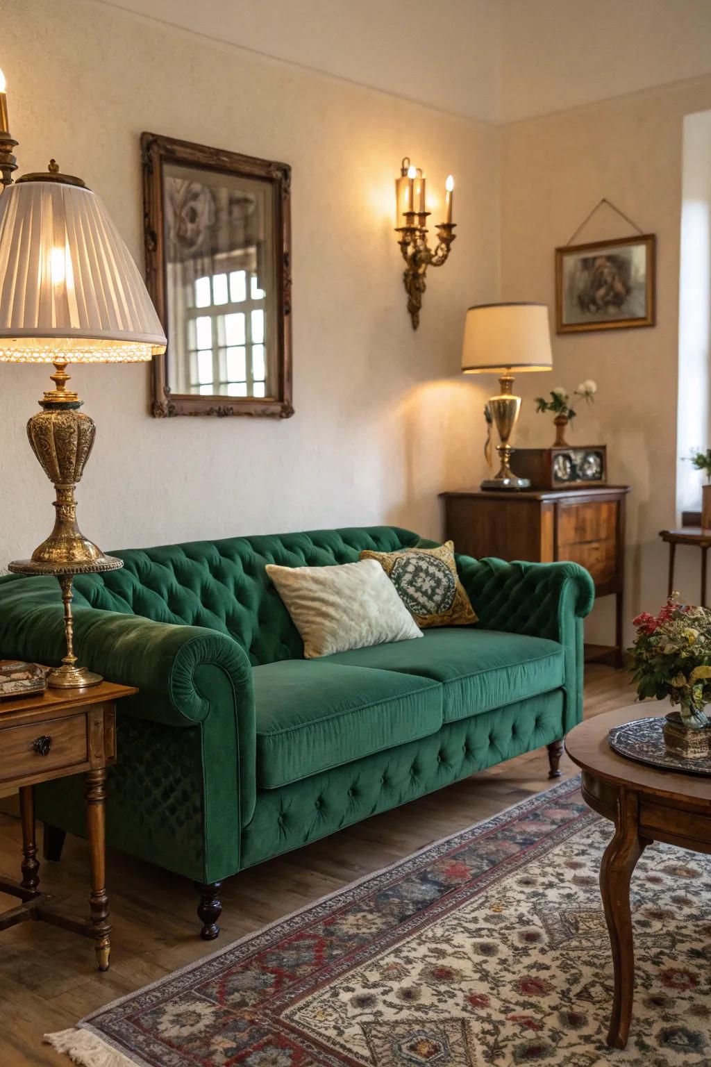 Vintage elements bring character to the setting with the emerald green sofa.