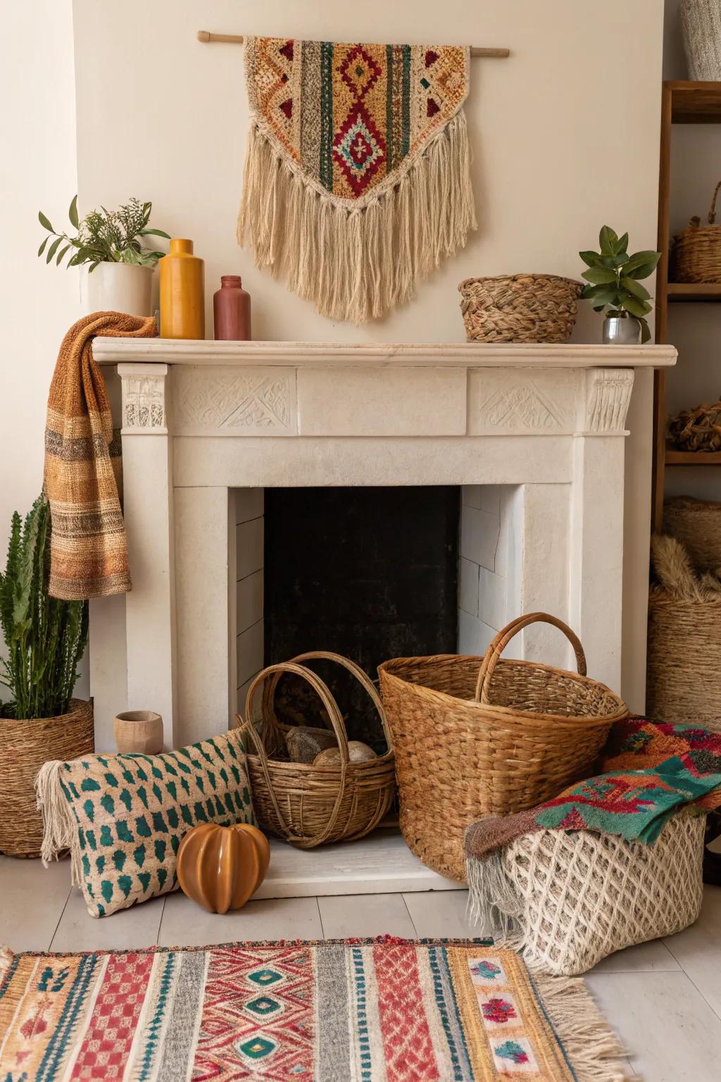 Produce a boho vibe through weaved goods featured inside your fireplace.