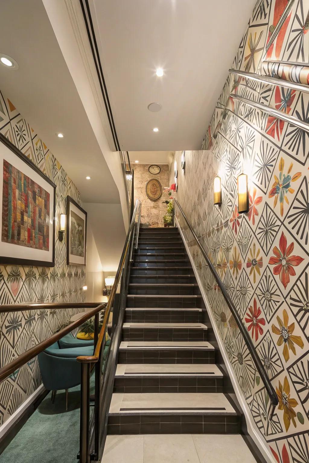 Stairwells receive a contemporary twist with geometric patterns.