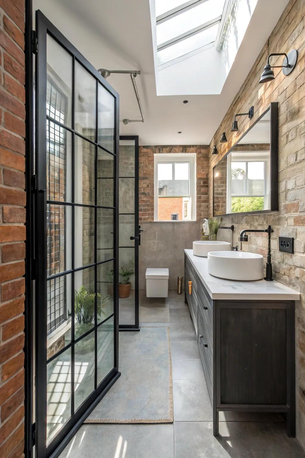 Crittall-inspired entries meld elegance with utility in this current ensuite.