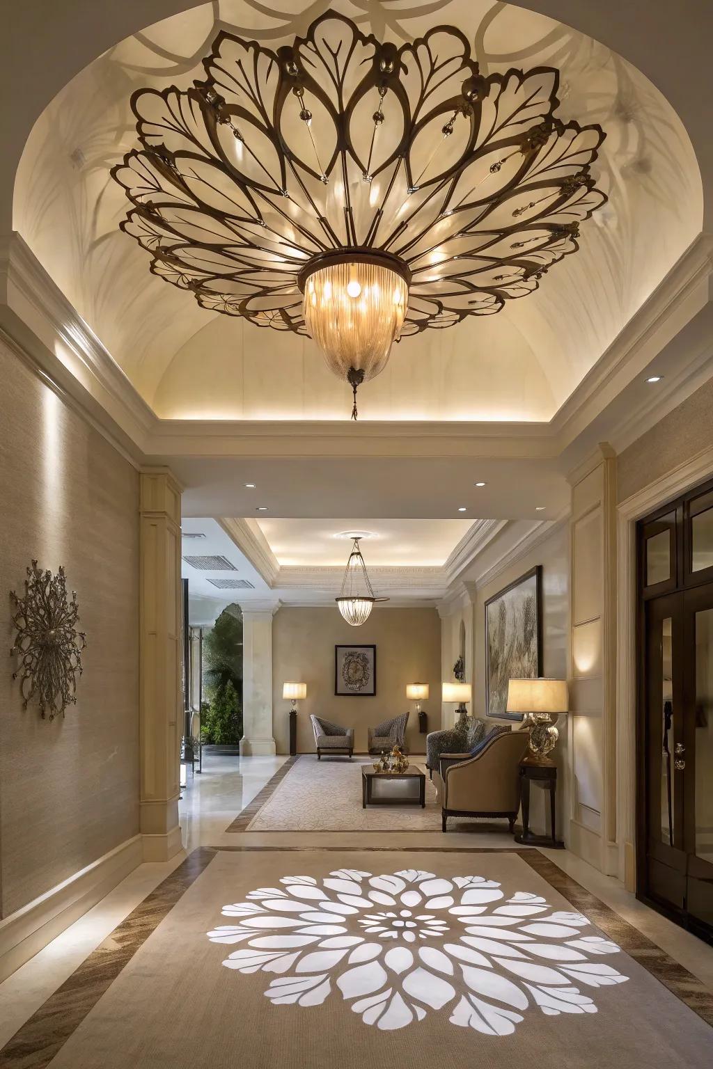 A sculpted top fixture creates a dramatic effect in this foyer.