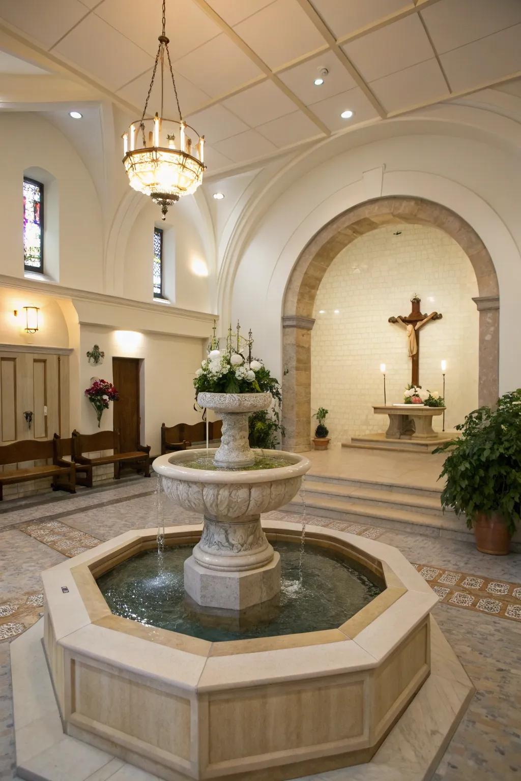 A small fountain adds peace to the church foyer.