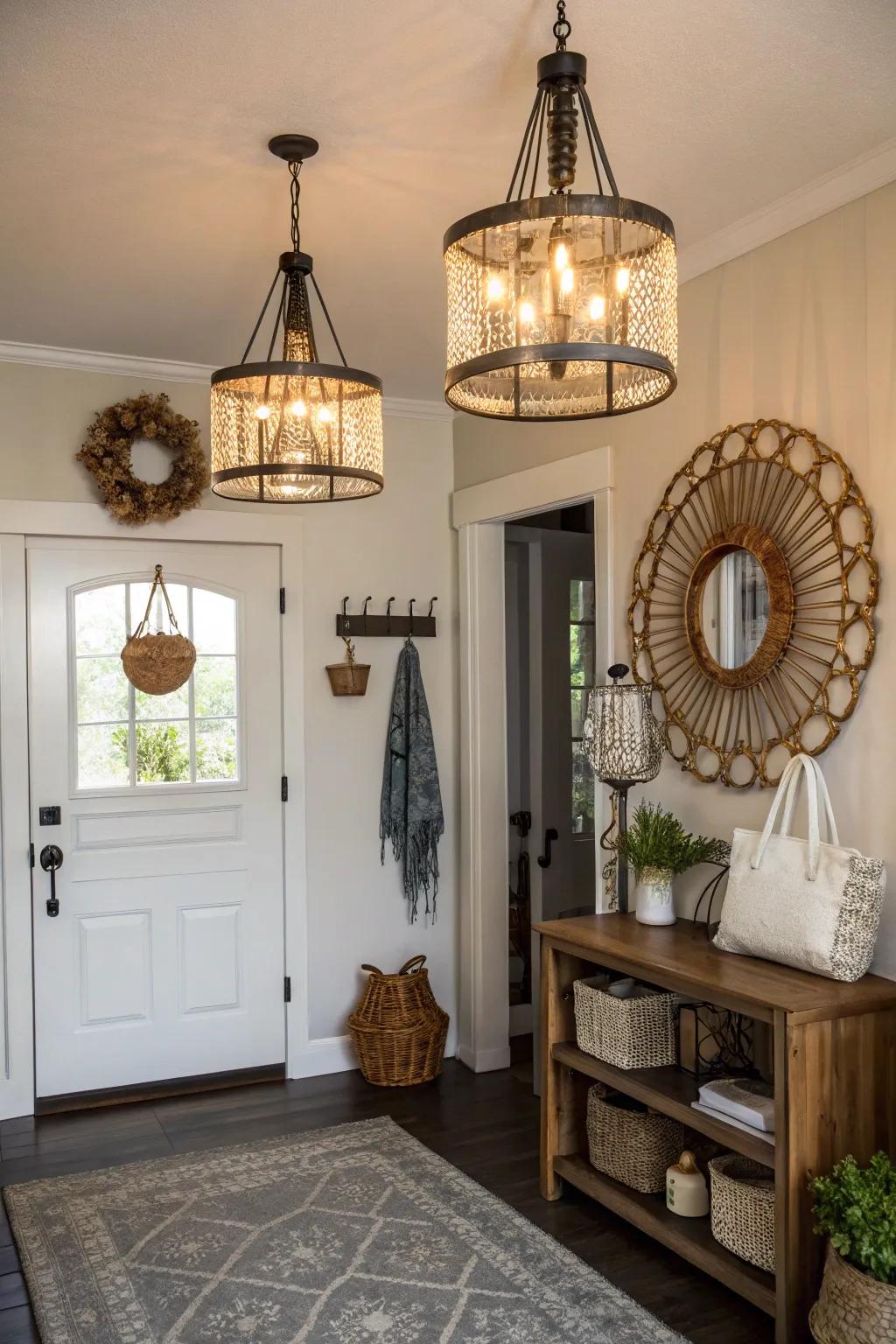 Personalized lighting fixtures add a unique and creative touch to this entryway.