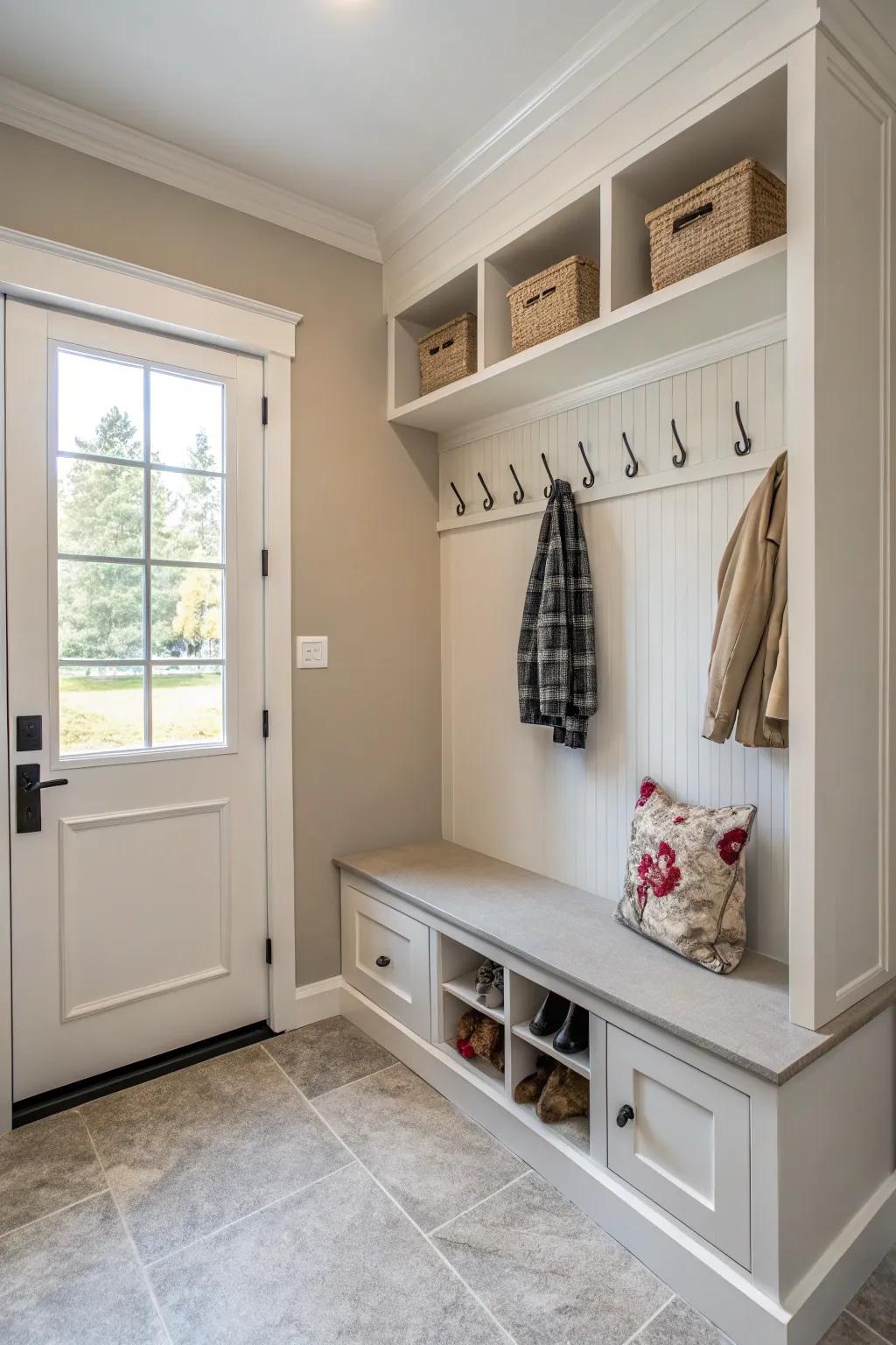 A minimalist approach helps keep this mudroom serene and uncluttered.