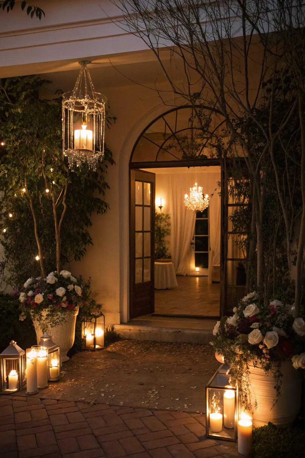 An entryway with candle-style lighting fixtures that radiates a warm and romantic glow.