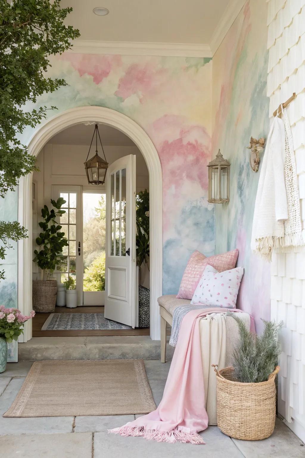 Dreamy entryway with watercolor wallpaper for a gentle welcome.