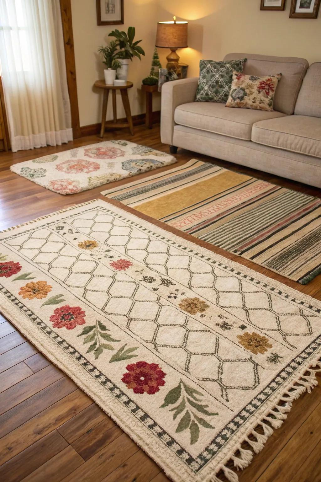 Add depth with layered rugs.