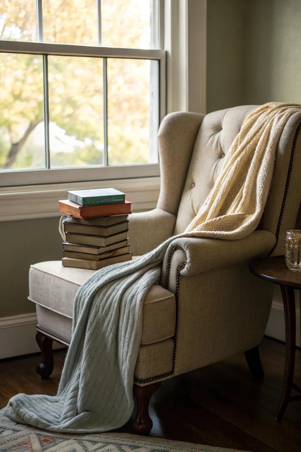 A reading nook offers a peaceful retreat within your living room.