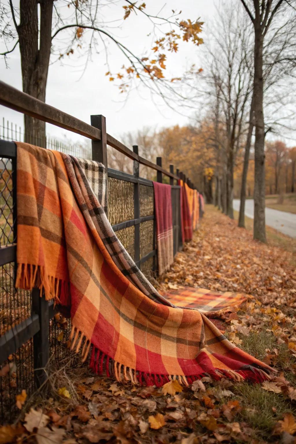 Tartan textiles in autumnal coloration append a snug vista to the fence.