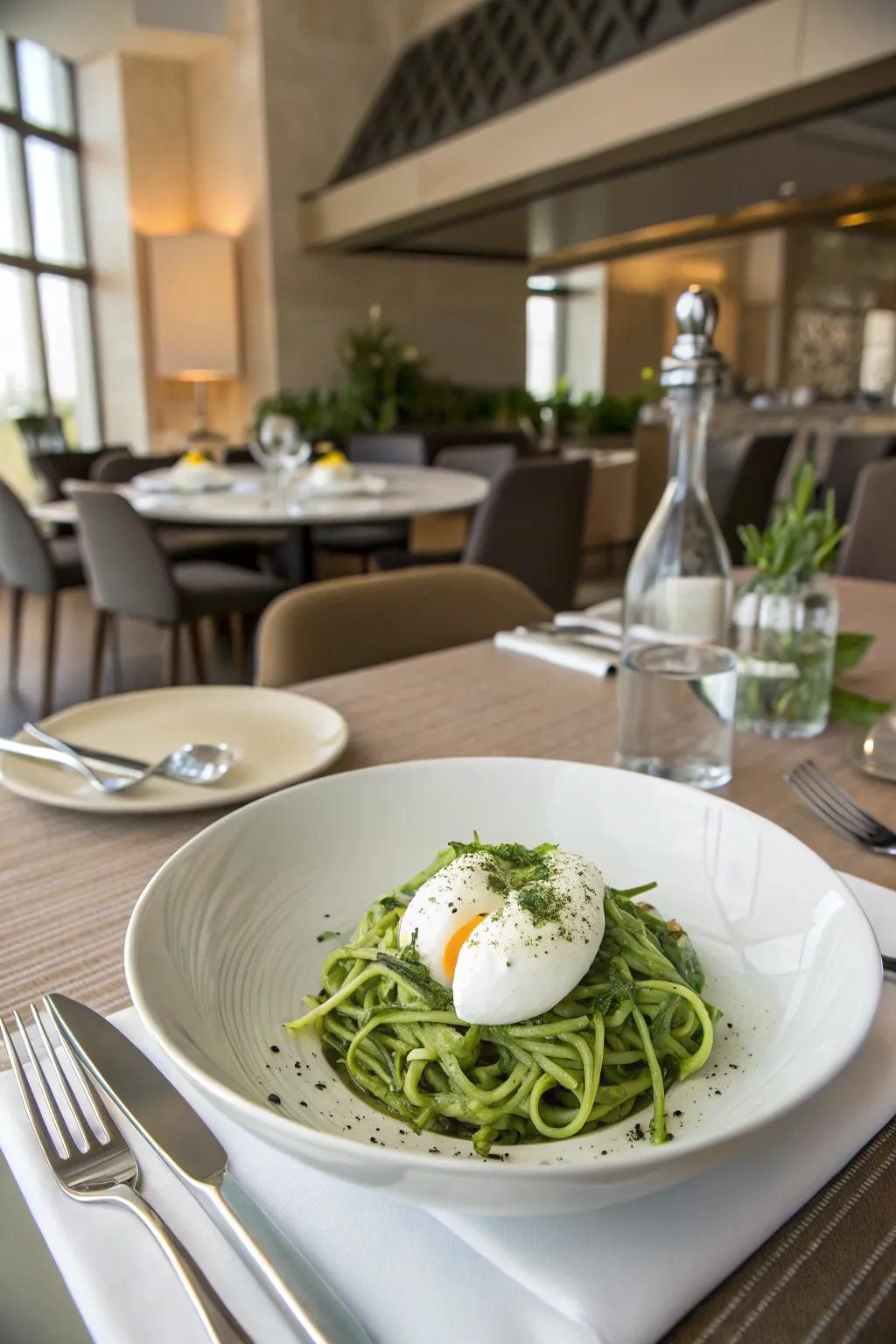 Eggs with zucchini ribbons provide a revitalizing and low-carb selection.