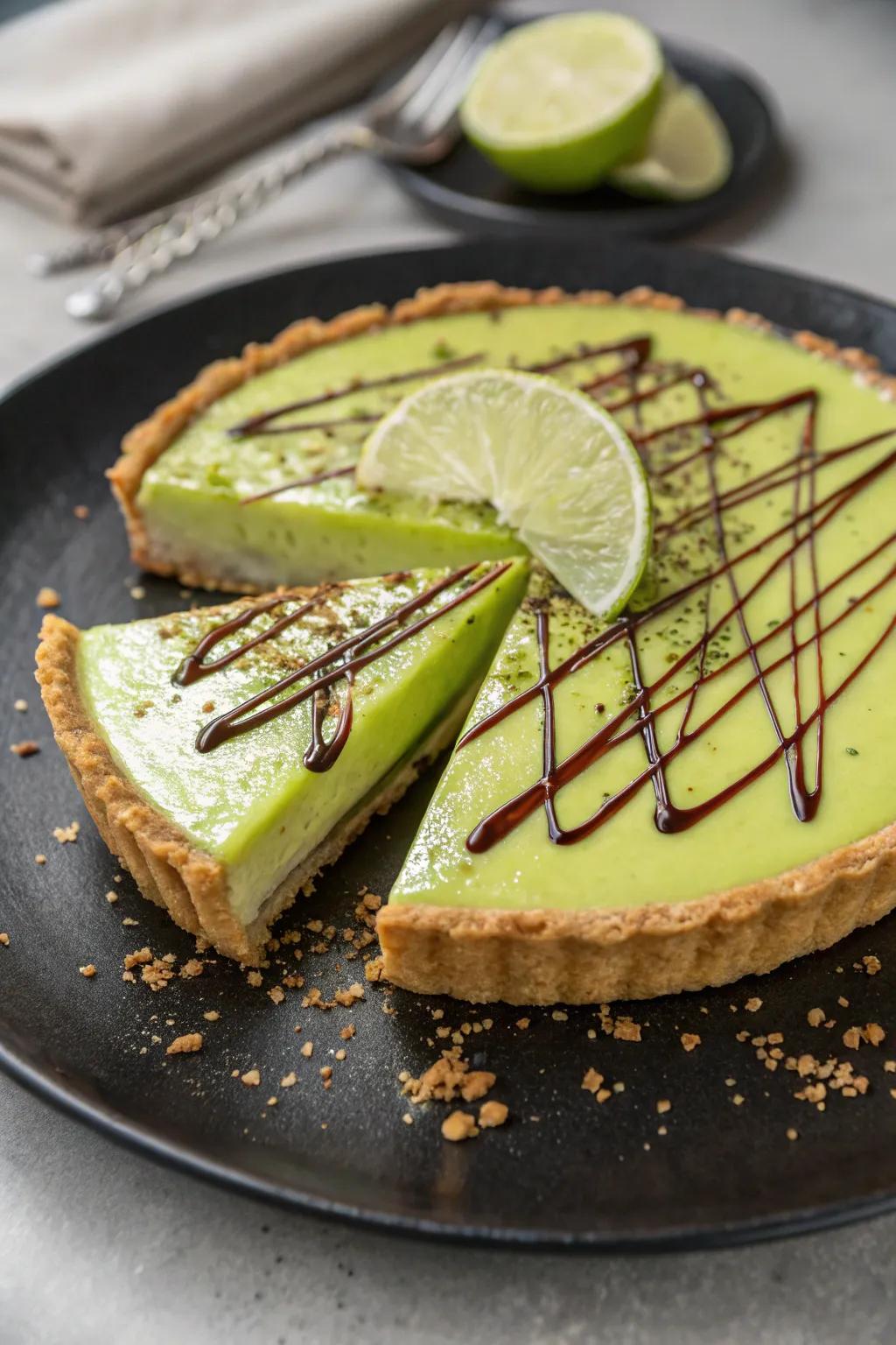 A chocolate drizzle injecting a decadent twist into the pie.