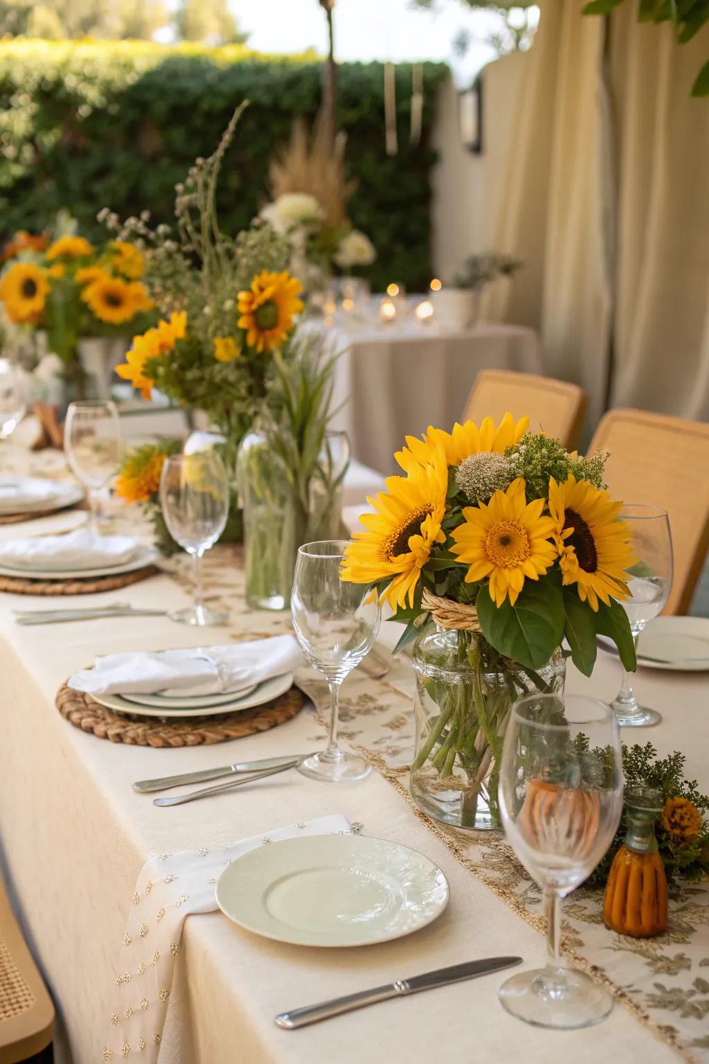 Sunflower centerpieces add a vibrant and cheerful touch to the decor.