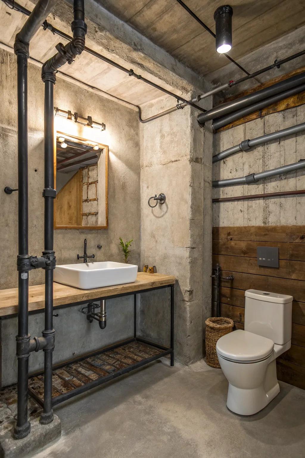 Industrial elements impart an unexpected edge to a farmhouse bathroom.