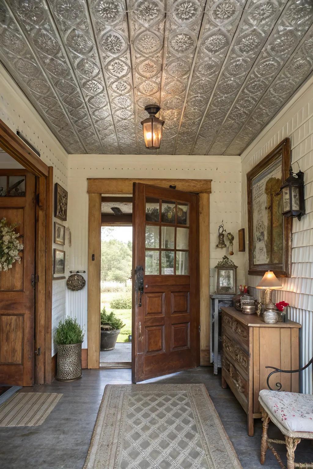 Metallic squares lend nostalgia and grace to this farmhouse entryway ceiling.