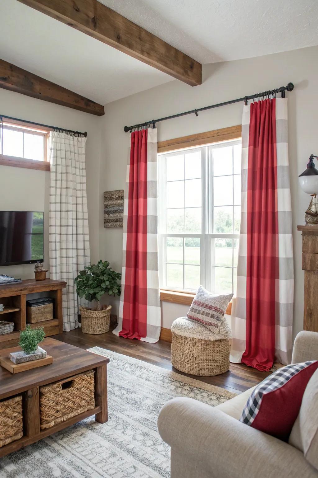 Bold accent curtains adding a modern twist to a farmhouse living room.