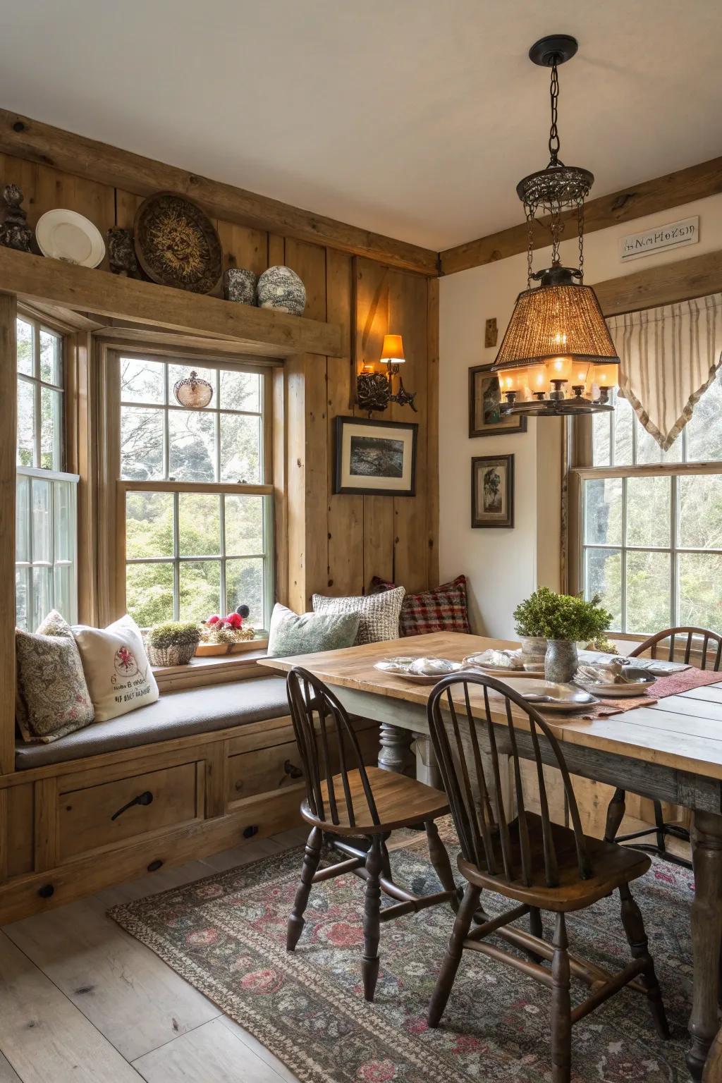 A bay window adds a cozy and welcoming touch to this farmhouse dining space.