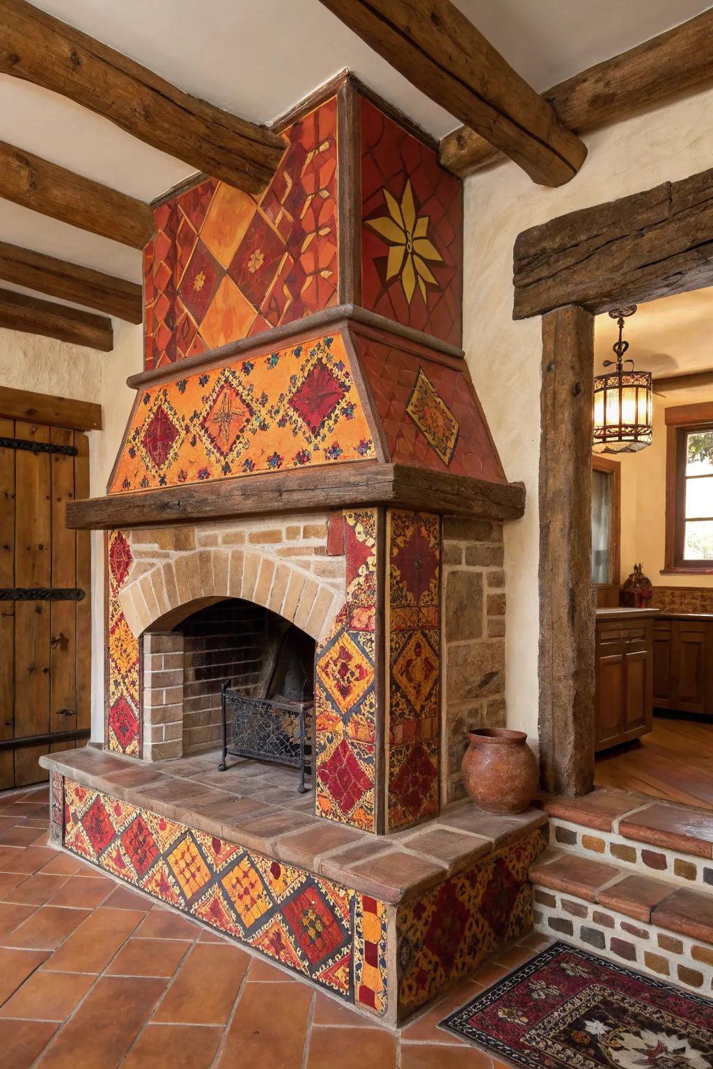 Southwest-influenced tones appending flair to a farmhouse fireplace.