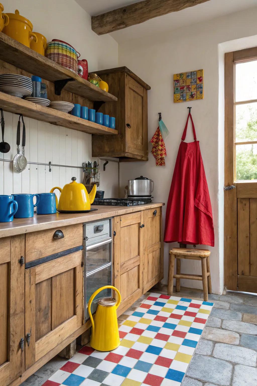 Unexpected bursts of color delivering vitality to a farmhouse cooking space decorating scheme.